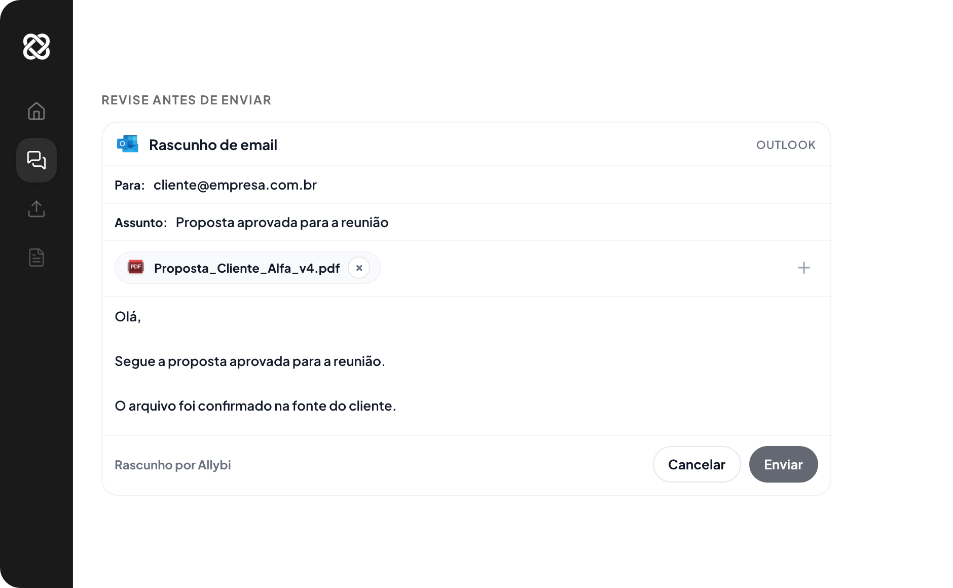 Rascunho de e-mail aguardando revisão antes do envio.