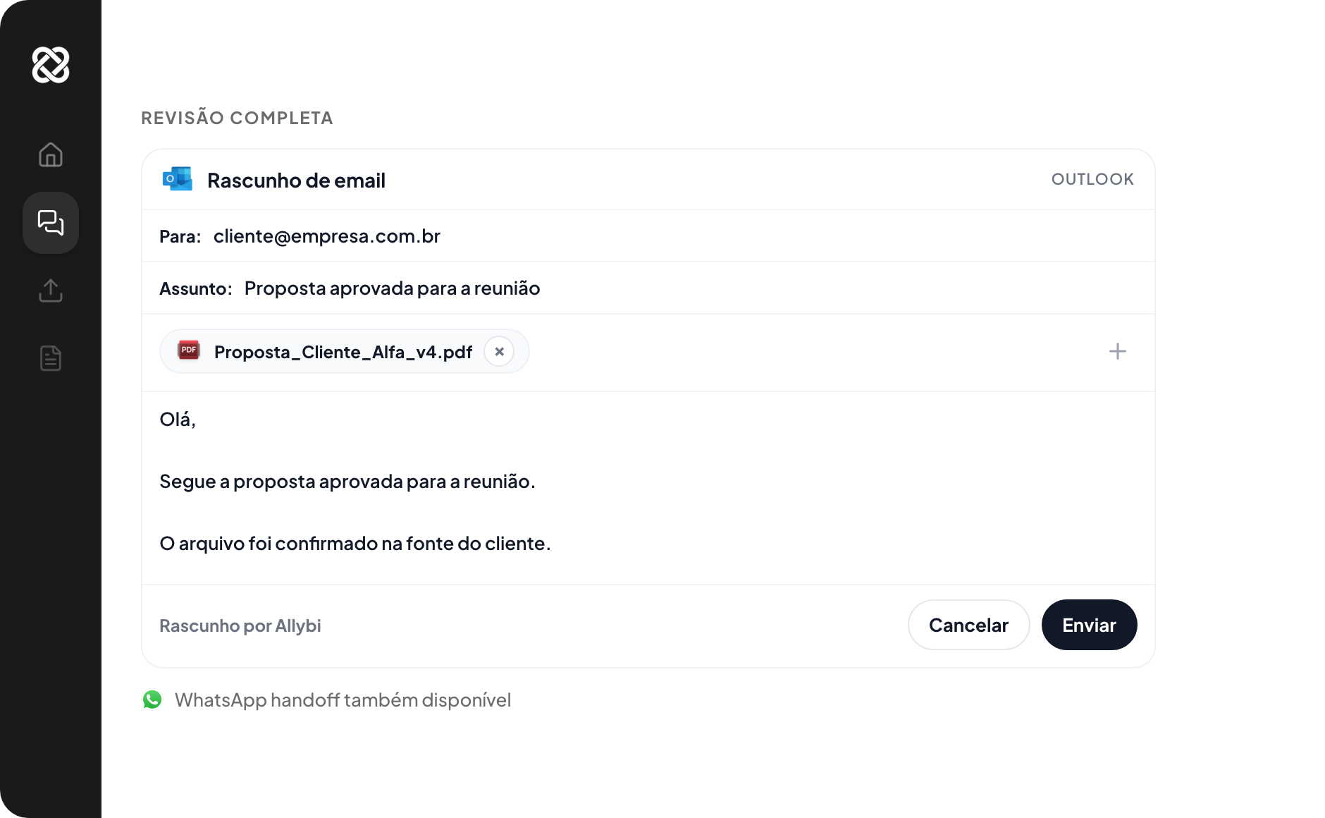 Rascunho revisado e pronto para envio via Outlook.