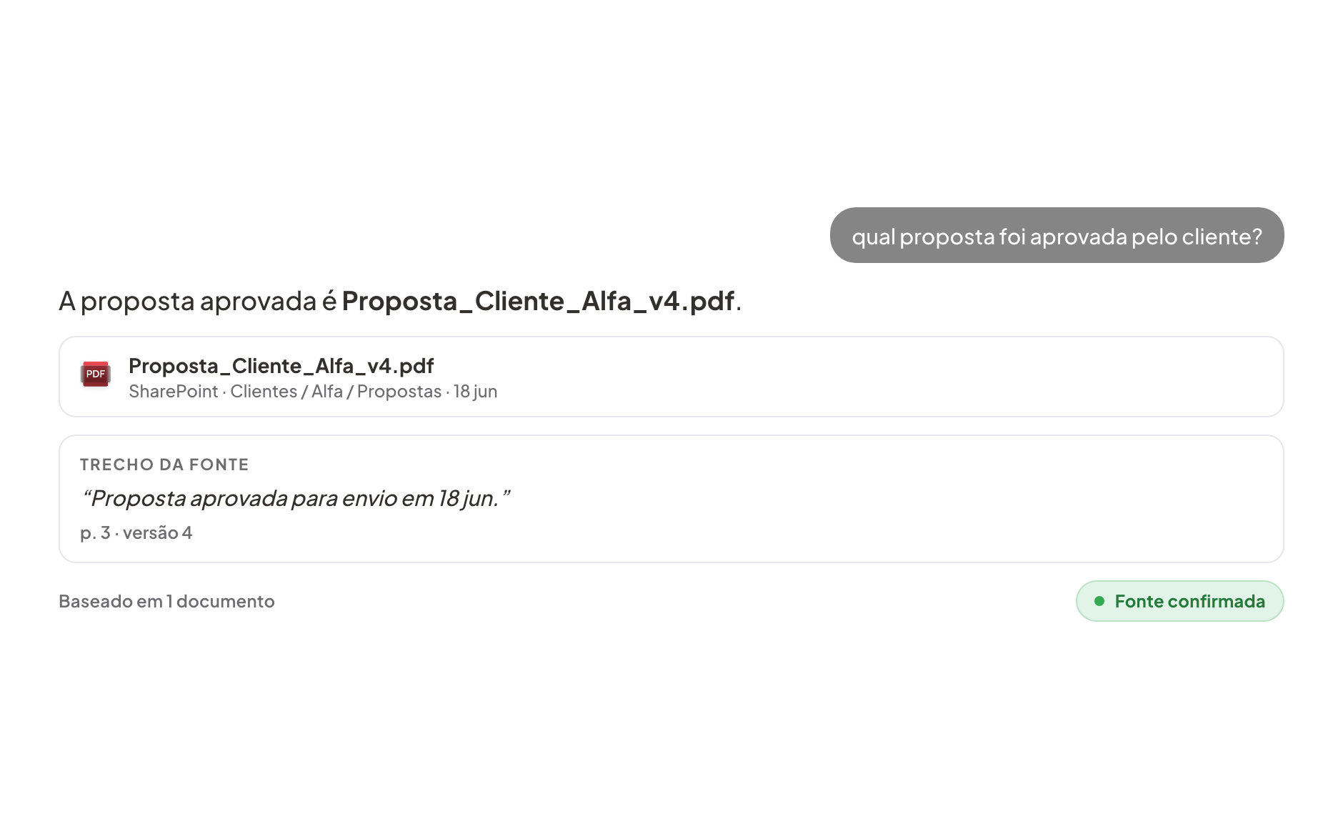 Resposta do Allybi com o arquivo aprovado, a fonte do SharePoint e um trecho da fonte.
