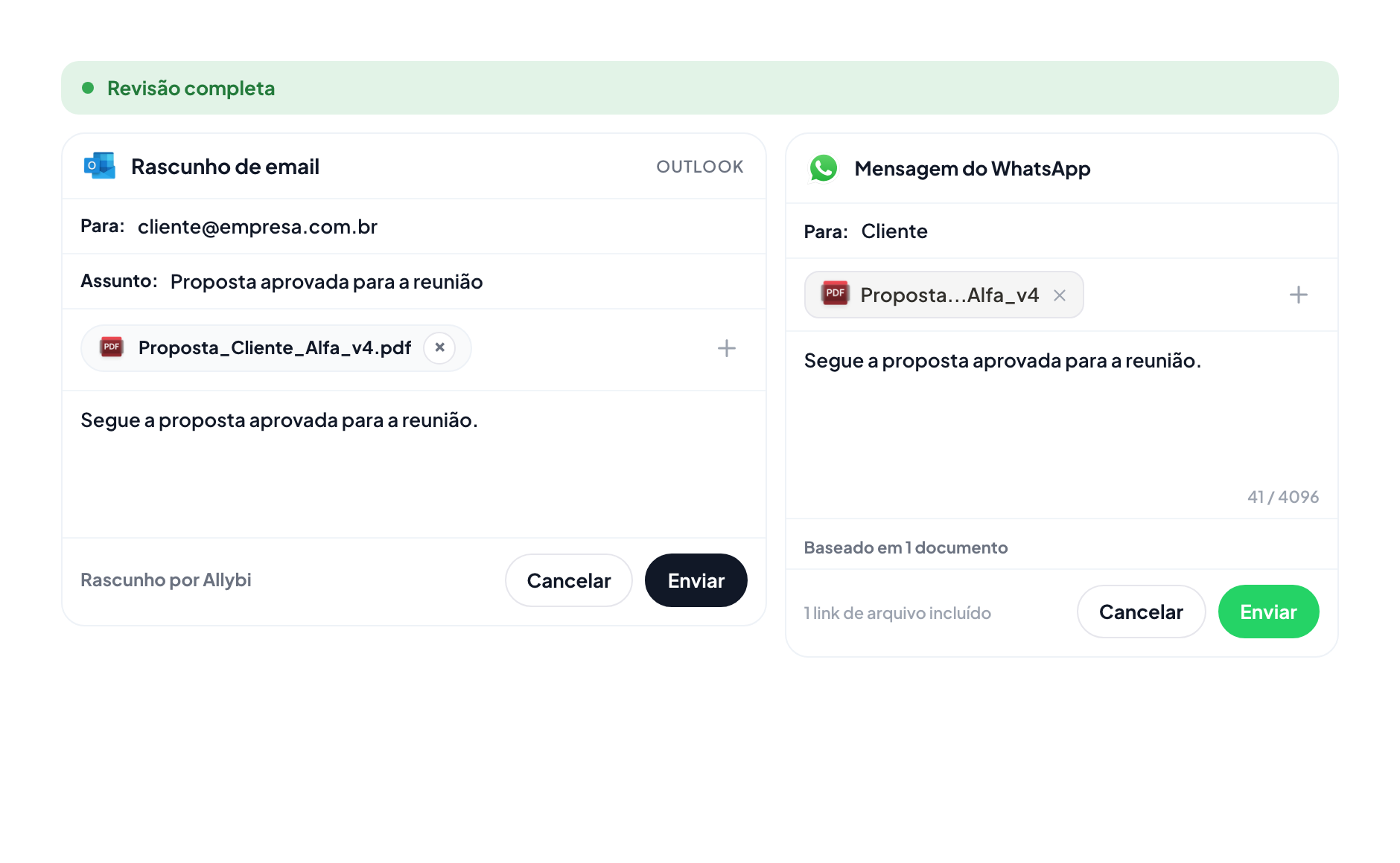 Revisão concluída no Allybi, com e-mail via Outlook e WhatsApp handoff liberados.