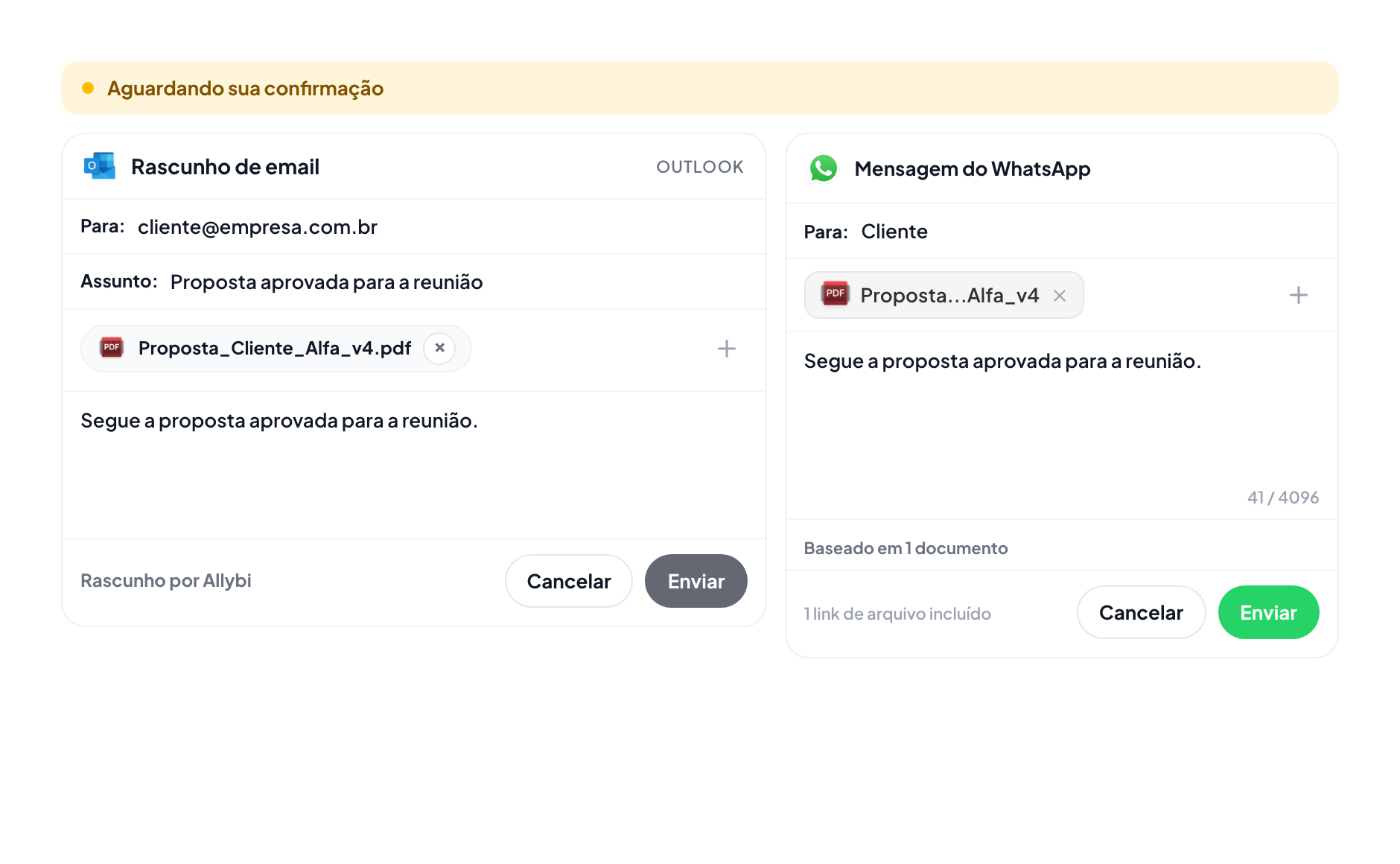 Revisão no Allybi aguardando confirmação, com Outlook e WhatsApp ainda desabilitados.