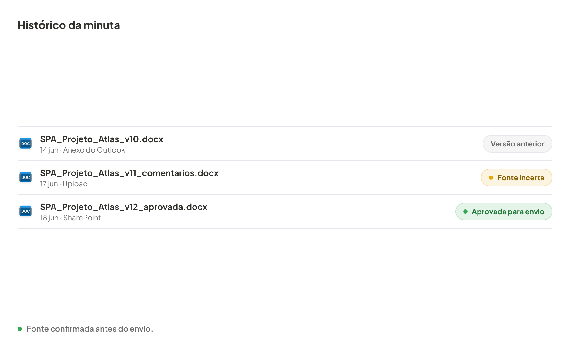 Histórico no Allybi mostrando três versões de uma minuta e a versão aprovada para envio.