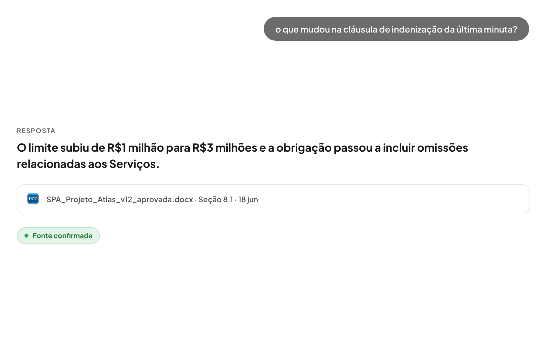 Resposta do Allybi mostrando a alteração na cláusula de indenização com fonte confirmada.