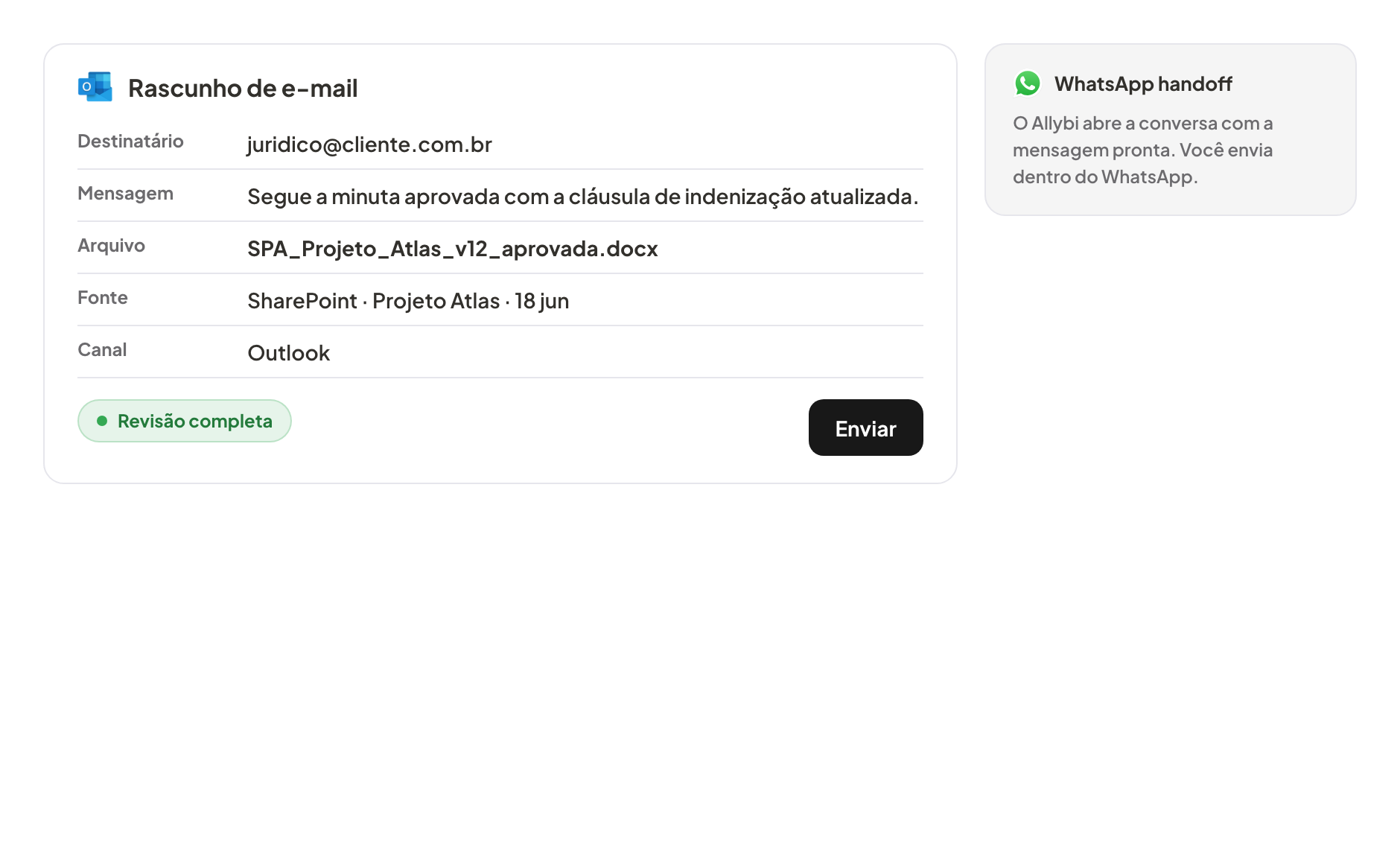 Revisão no Allybi de uma minuta jurídica antes do envio por Outlook e WhatsApp handoff.