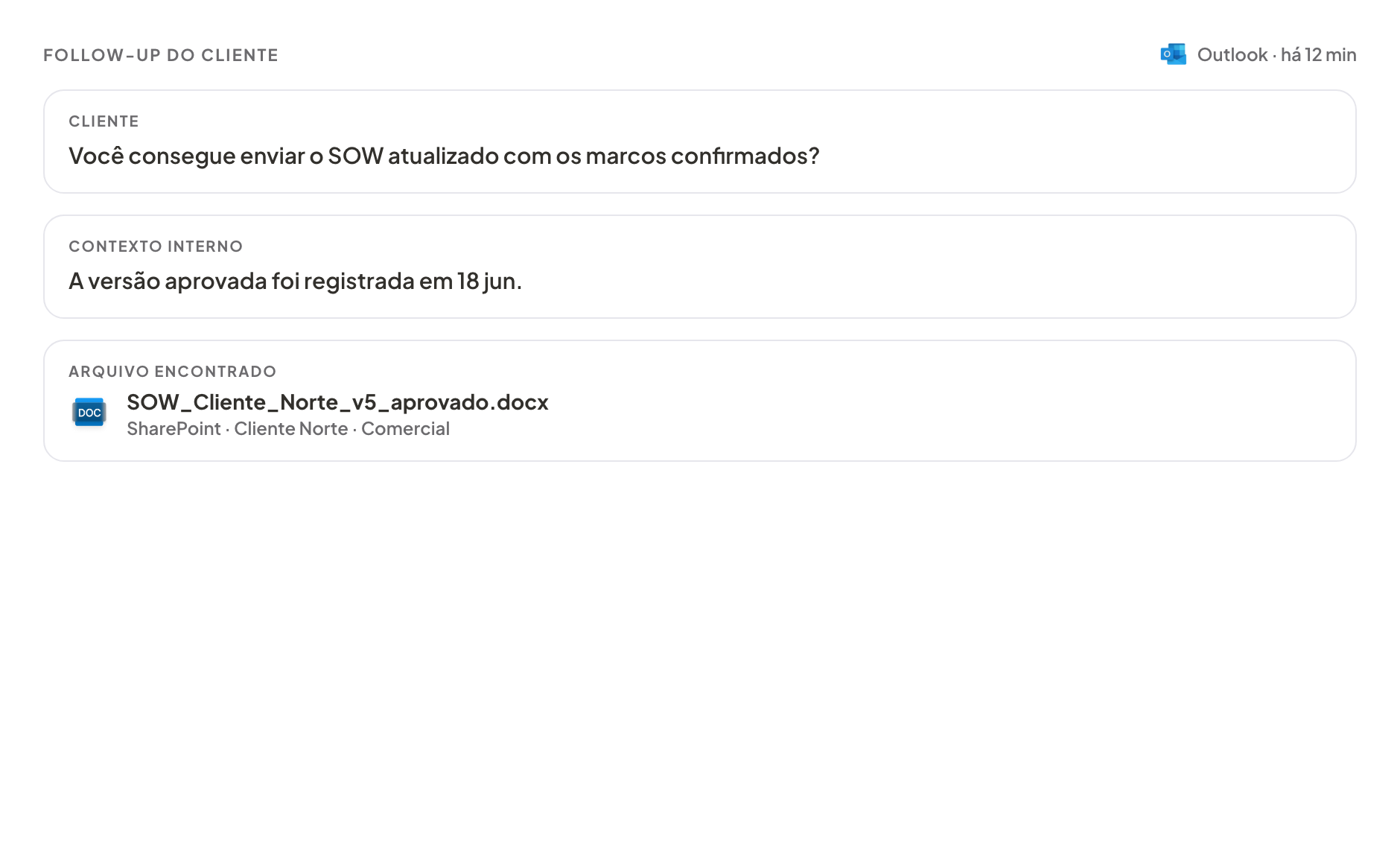 Thread no Allybi mostrando pedido de cliente e arquivo SOW aprovado encontrado no SharePoint.