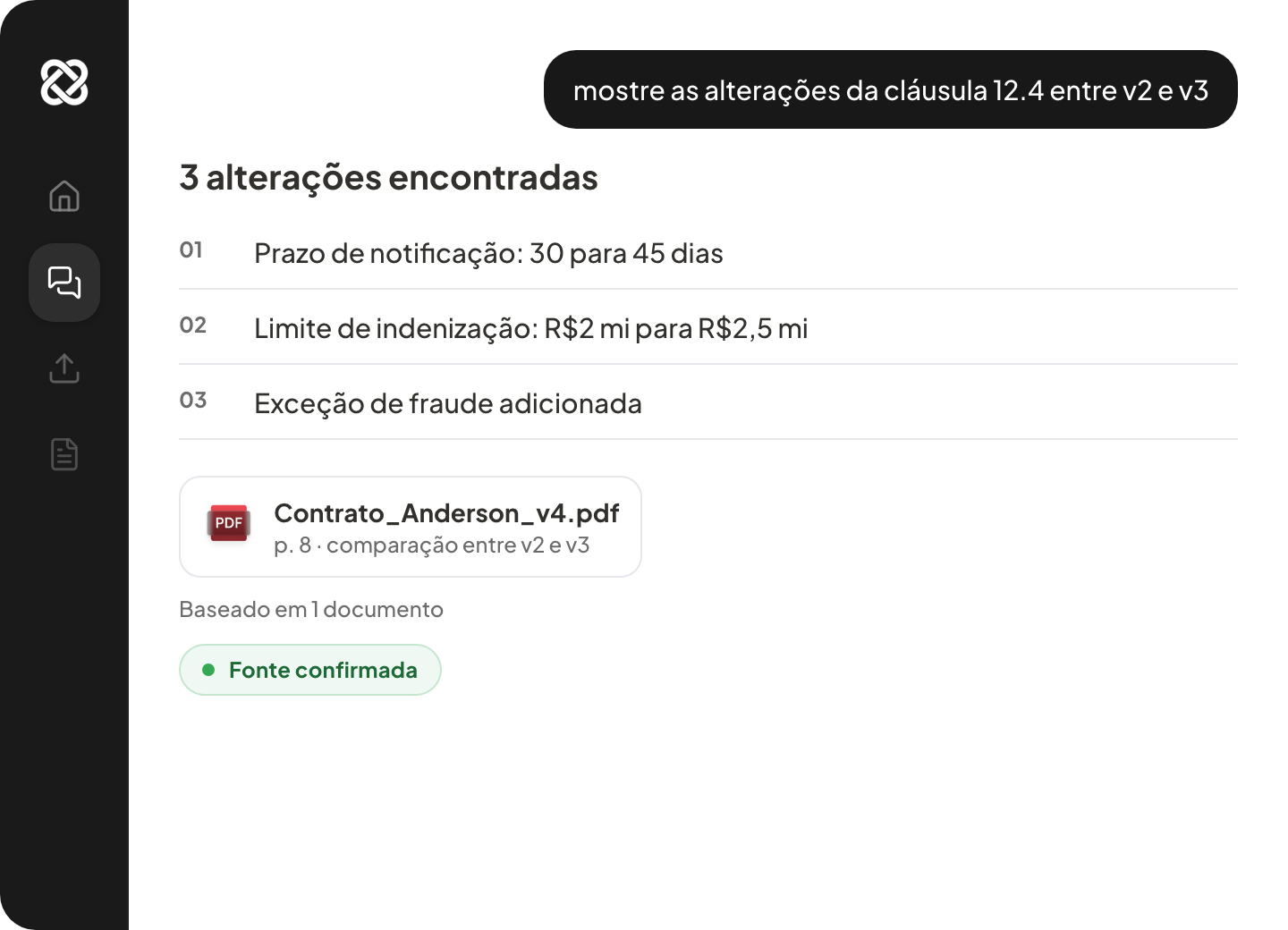 Resposta do Allybi comparando alterações de uma cláusula contratual.
